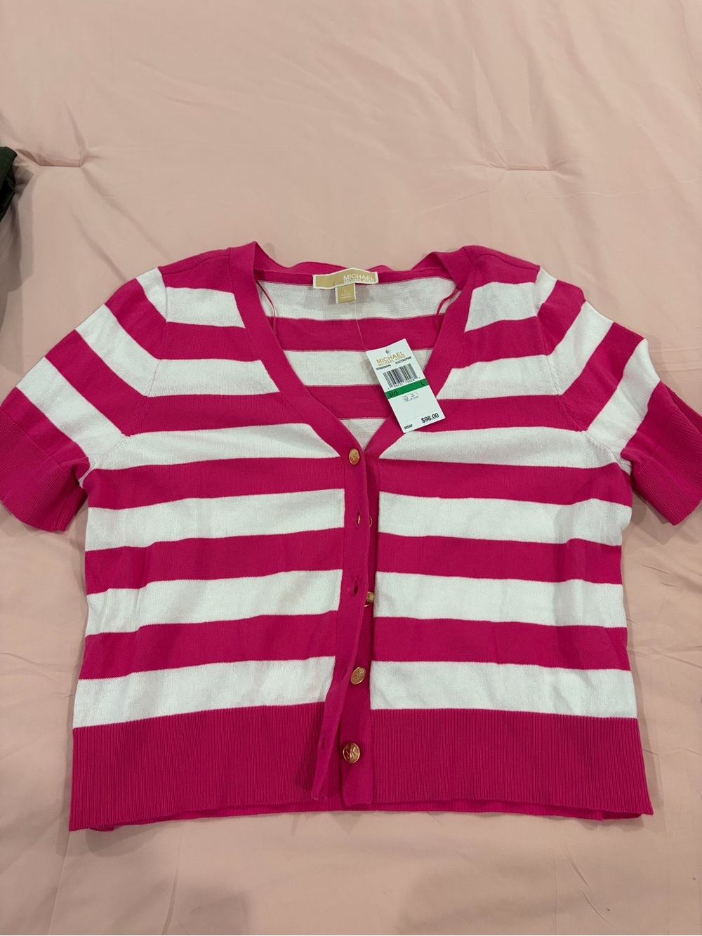 Michael Kors Pink & White Striped Short-Sleeve Cardigan